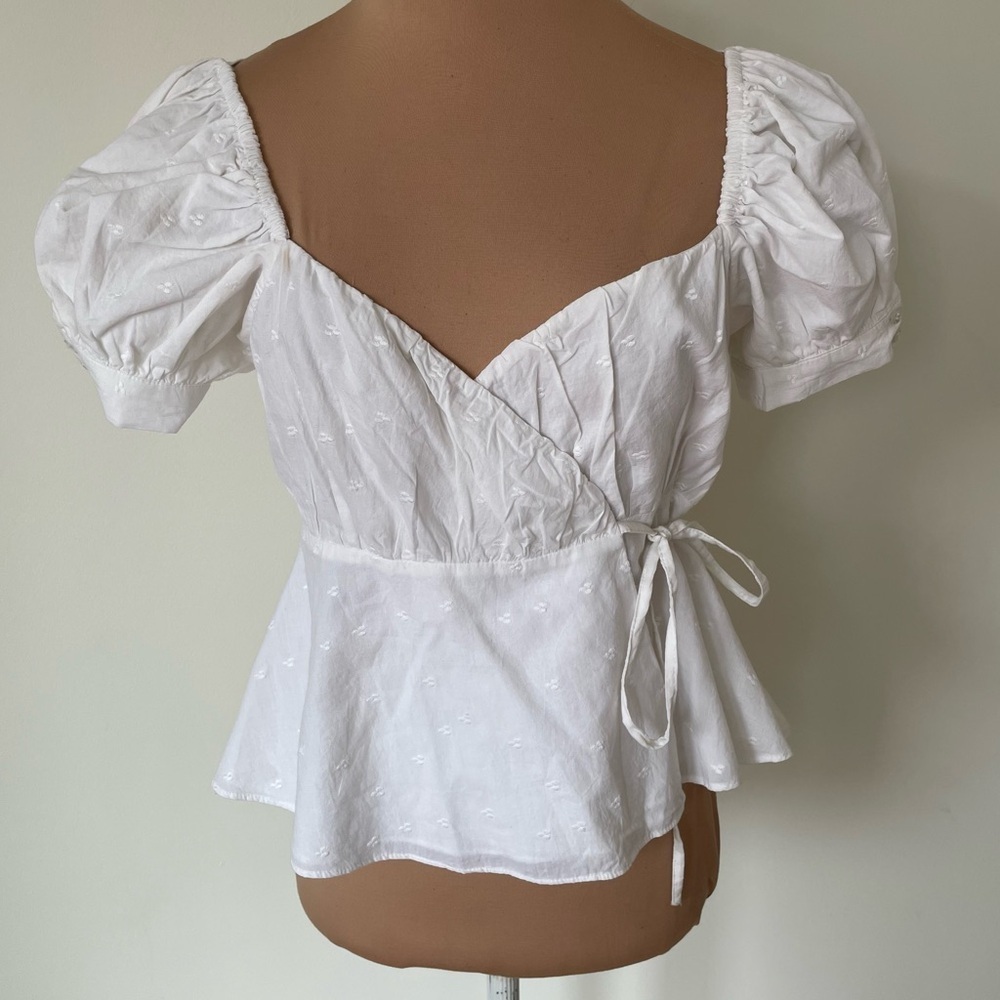 Majorelle Cotton Puff Short Sleeve Cropped Cottagecore White Wrap Top NWT Size S
